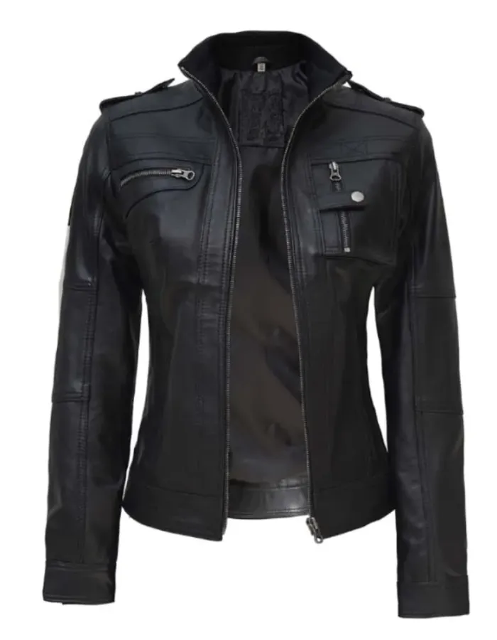 Women's Black Moto Style Slim Fit Leather Jacket