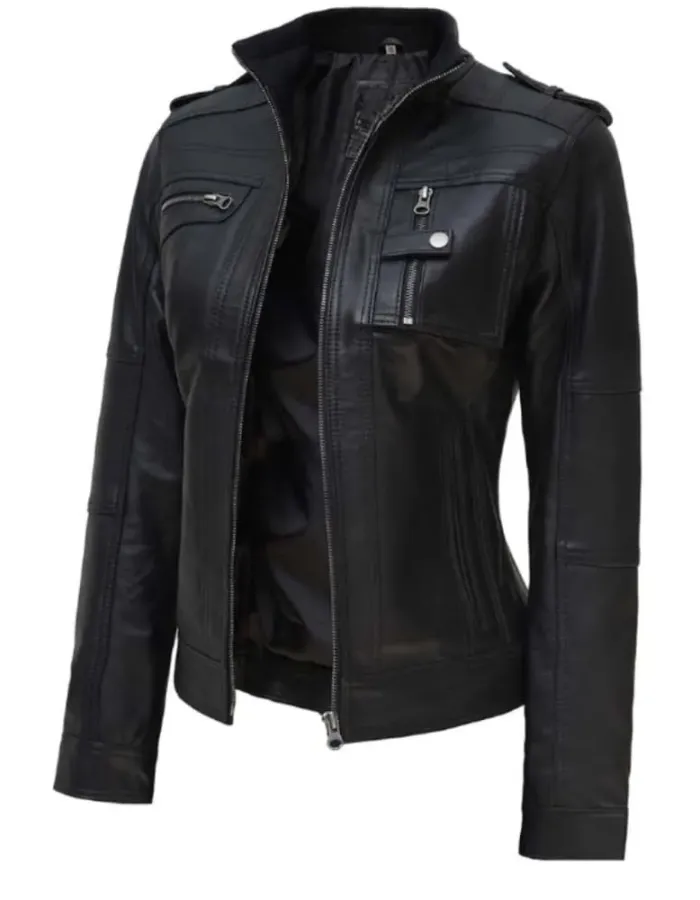 Women's Black Moto Style Slim Fit Leather Jacket