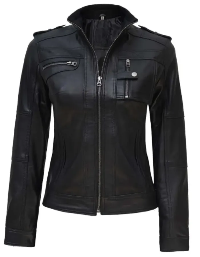 Women's Black Moto Style Slim Fit Leather Jacket