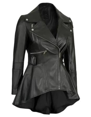 Women's Black Peplum Asymmetrical Leather Jacket