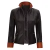 Womens Brown Detailing Fitted Black Leather Jacket