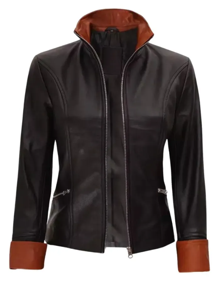 Womens Brown Detailing Fitted Black Leather Jacket