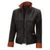 Womens Brown Detailing Fitted Black Leather Jacket