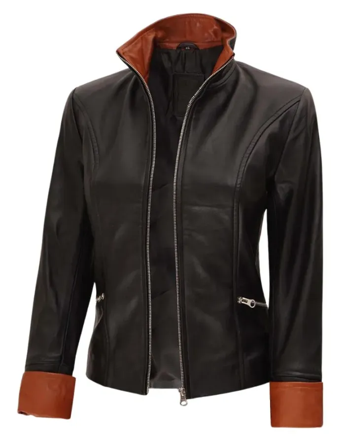 Womens Brown Detailing Fitted Black Leather Jacket