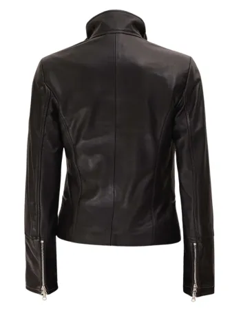 Womens Brown Detailing Fitted Black Leather Jacket