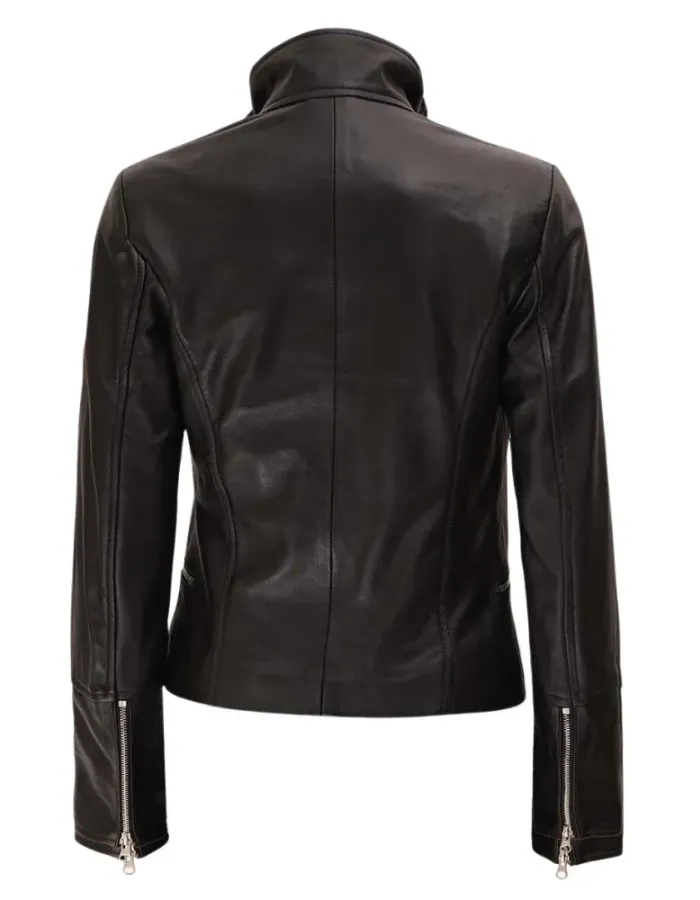 Womens Brown Detailing Fitted Black Leather Jacket