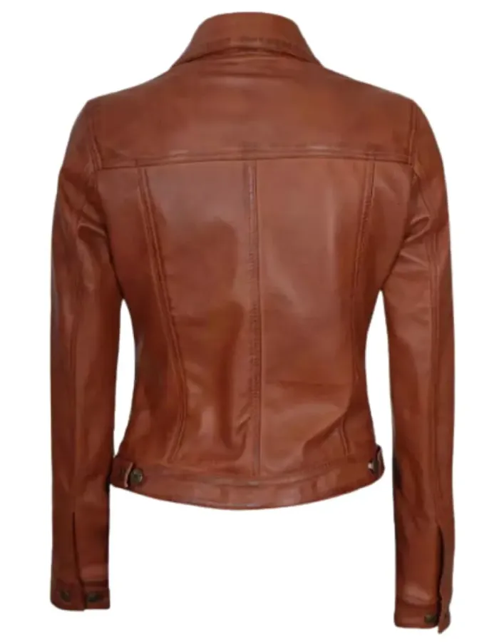 Womens Cognac Brown Trucker Leather Jacket Womens Cognac Brown Trucker Leather Jacket
