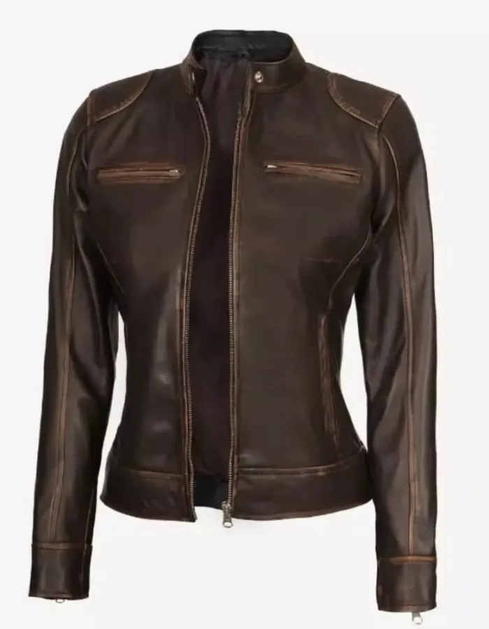 Womens Cafe Racer Slim-Fit Dark Brown Leather Jacket