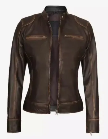 Womens Cafe Racer Slim-Fit Dark Brown Leather Jacket