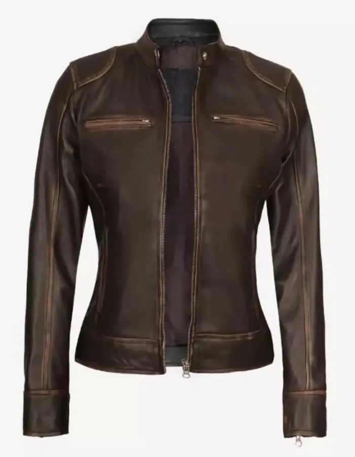 Womens Cafe Racer Slim-Fit Dark Brown Leather Jacket