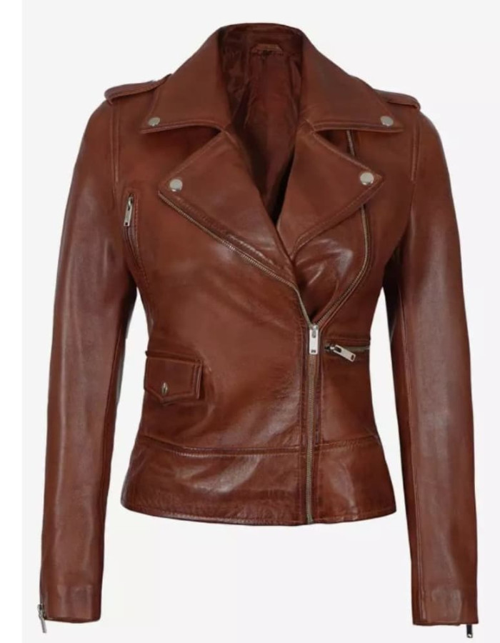 Amber Women's Cognac Brown Asymmetrical Leather Jacket