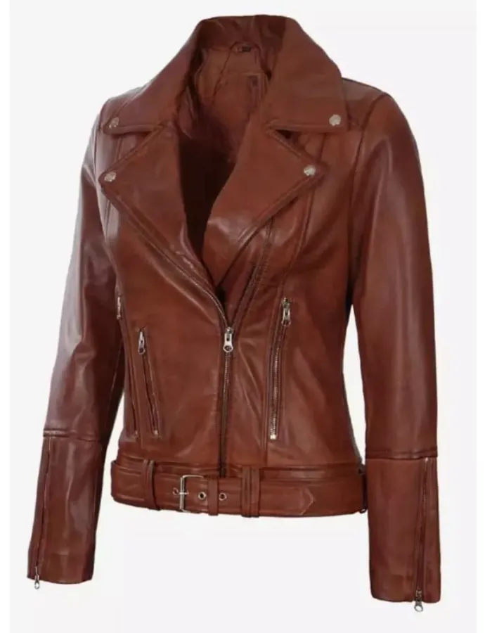 Womens Asymmetrical Cognac Brown Leather Motorcycle Jacket Womens Asymmetrical Cognac Brown Leather Motorcycle Jacket