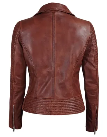Cognac Brown Womens Asymmetrical Leather Biker Jacket