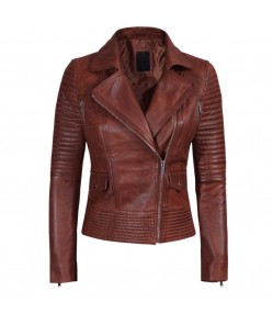Cognac Brown Womens Asymmetrical Leather Biker Jacket