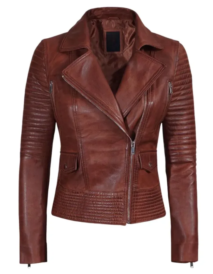 Cognac Brown Womens Asymmetrical Leather Biker Jacket