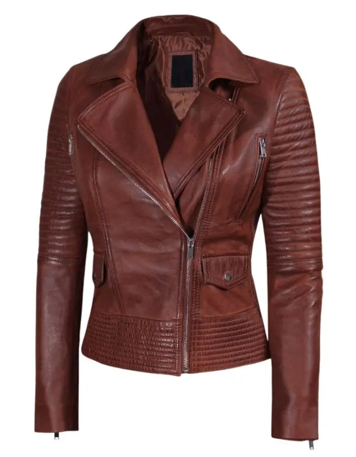 Cognac Brown Womens Asymmetrical Leather Biker Jacket