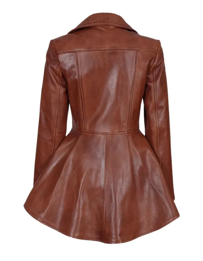 Womens Cognac Brown Peplum Leather Jacket