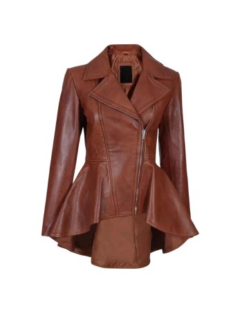 Womens Cognac Brown Peplum Leather Jacket