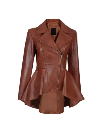 Womens Cognac Brown Peplum Leather Jacket