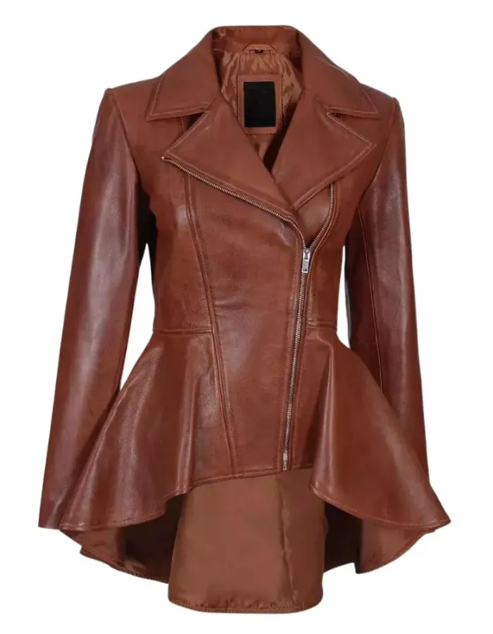Womens Cognac Brown Peplum Leather Jacket