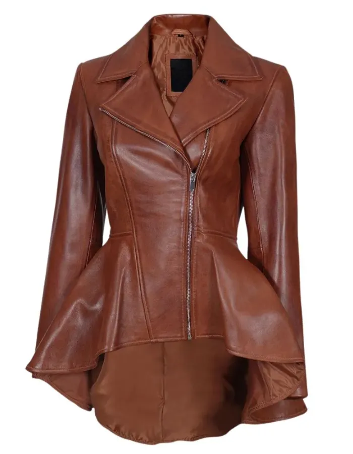 Womens Cognac Brown Peplum Leather Jacket