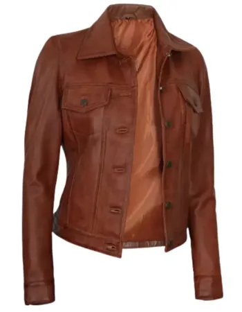 Womens Cognac Brown Trucker Leather Jacket Womens Cognac Brown Trucker Leather Jacket