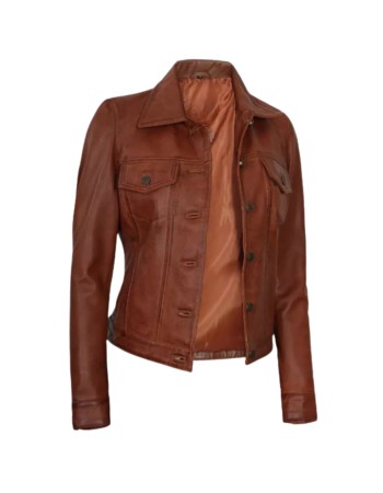 Womens Cognac Brown Trucker Leather Jacket Womens Cognac Brown Trucker Leather Jacket