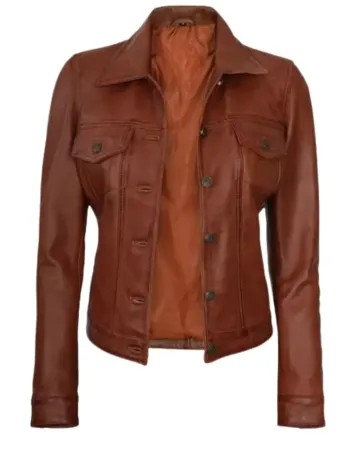 Womens Cognac Brown Trucker Leather Jacket