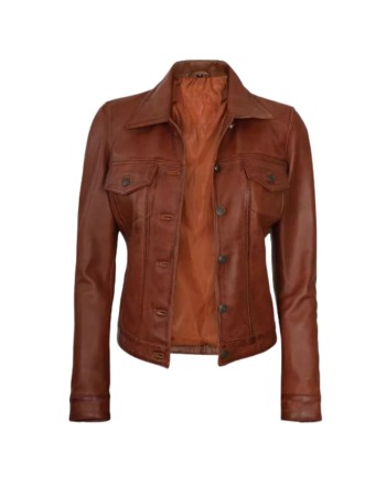 Womens Cognac Brown Trucker Leather Jacket