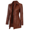 Women's Tall Shirt Collar Cognac Waxed Leather Coat