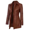 Women's Tall Shirt Collar Cognac Waxed Leather Coat