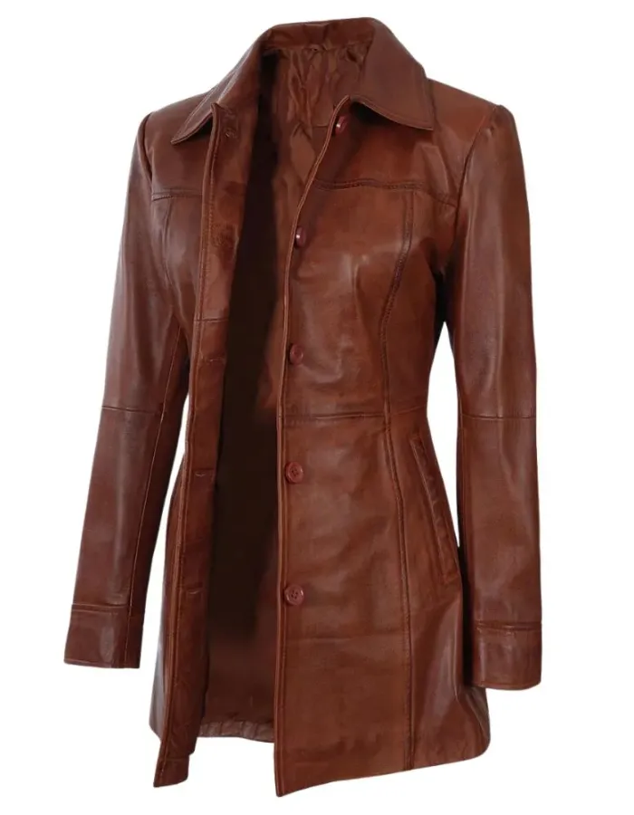 Women's Tall Shirt Collar Cognac Waxed Leather Coat
