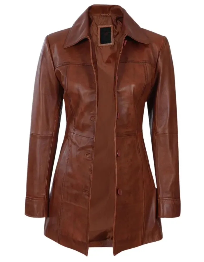 Women's Tall Shirt Collar Cognac Waxed Leather Coat