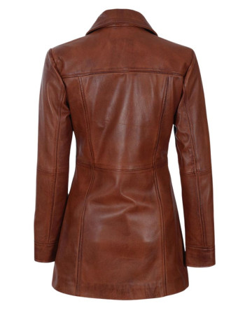 Women's Tall Shirt Collar Cognac Waxed Leather Coat Women's Tall Shirt Collar Cognac Waxed Leather Coat