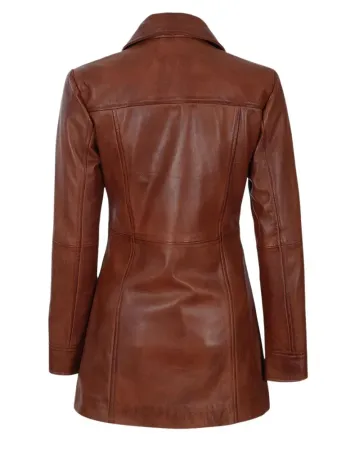 Women's Tall Shirt Collar Cognac Waxed Leather Coat