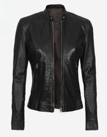Women's Black Crocodile Textured Leather Jacket