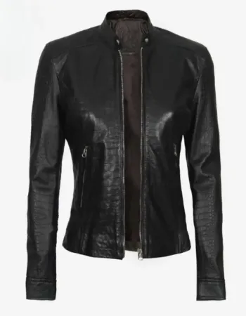 Women's Black Crocodile Textured Leather Jacket