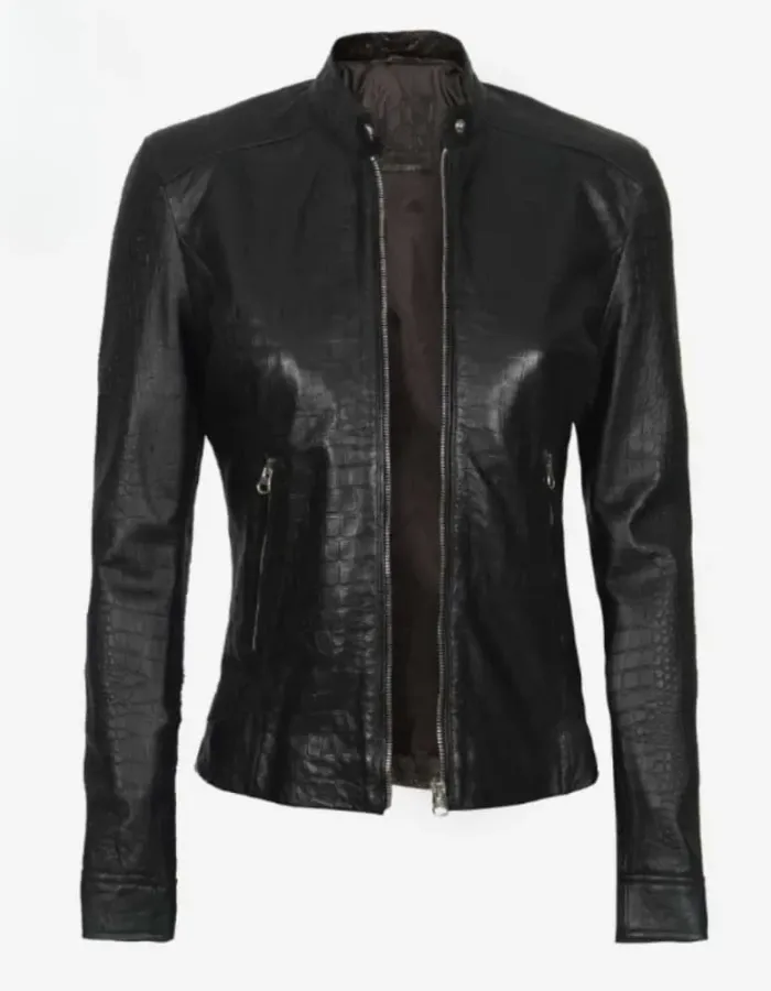 Women's Black Crocodile Textured Leather Jacket