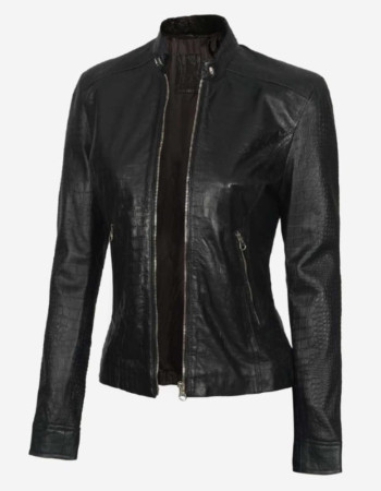 Women's Black Crocodile Textured Leather Jacket Women's Black Crocodile Textured Leather Jacket
