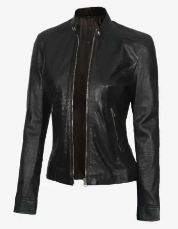 Women's Black Crocodile Textured Leather Jacket