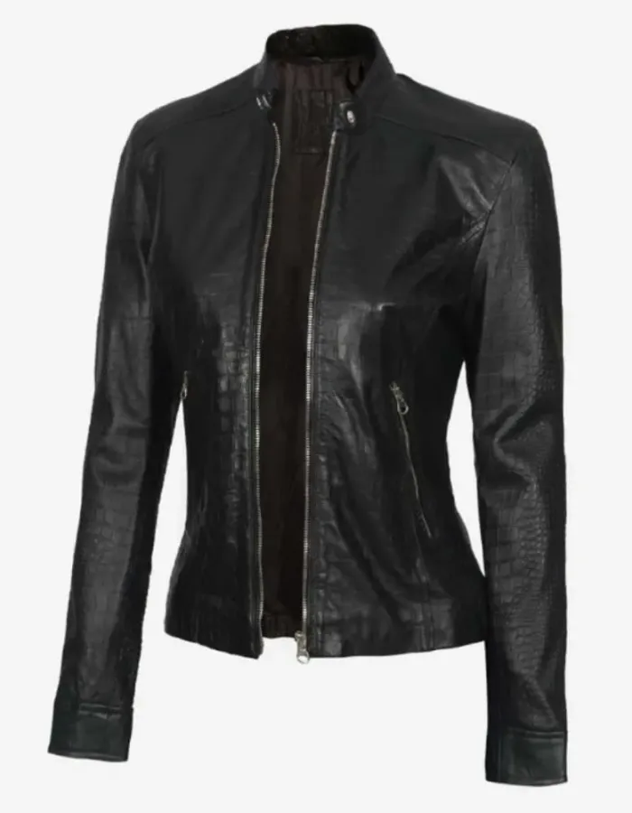 Women's Black Crocodile Textured Leather Jacket