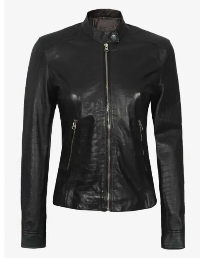Women's Black Crocodile Textured Leather Jacket