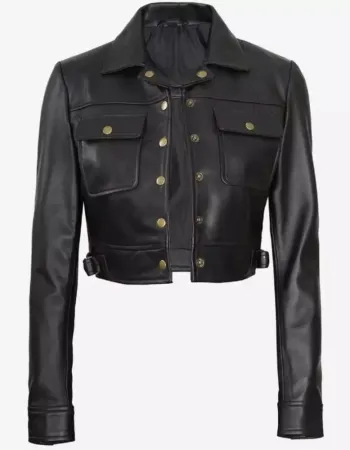 Womens Cropped Black Trucker Leather Jacket