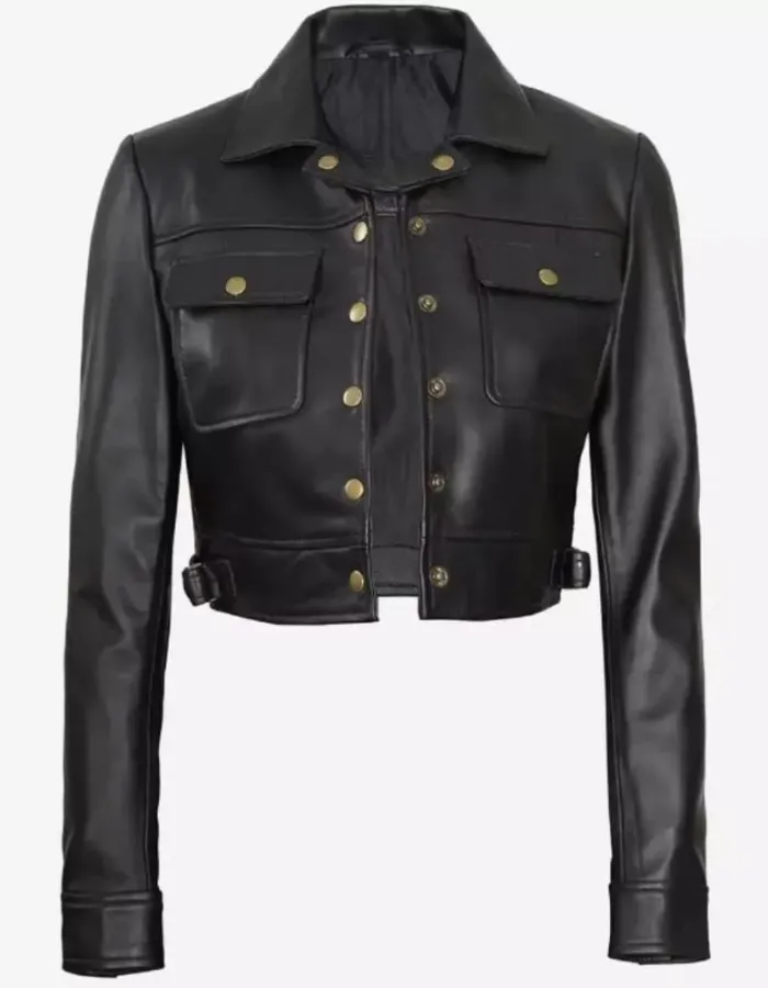 Womens Cropped Black Trucker Leather Jacket