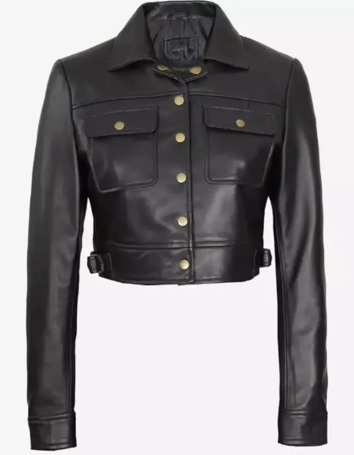 Womens Cropped Black Trucker Leather Jacket