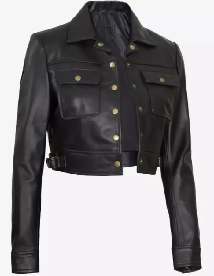 Womens Cropped Black Trucker Leather Jacket