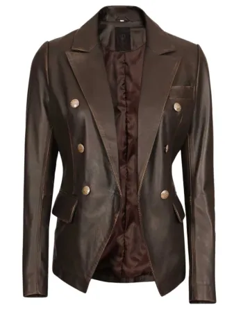 Women's Kim Double Breasted Rub-Off Brown Leather Blazer