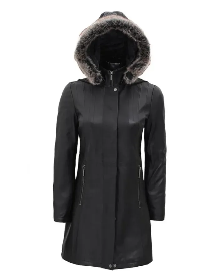 Women's Black Fur Hooded Trench Leather Coat