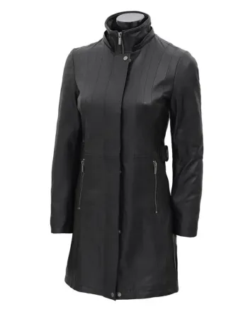 Women's Black Fur Hooded Trench Leather Coat