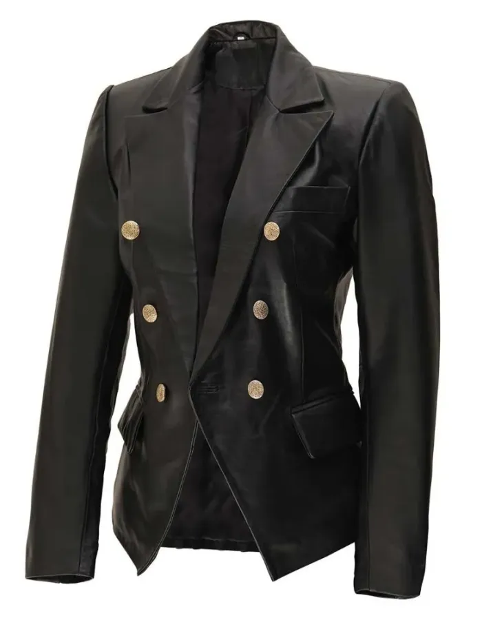 Women's Kim Double Breasted Black Leather Blazer